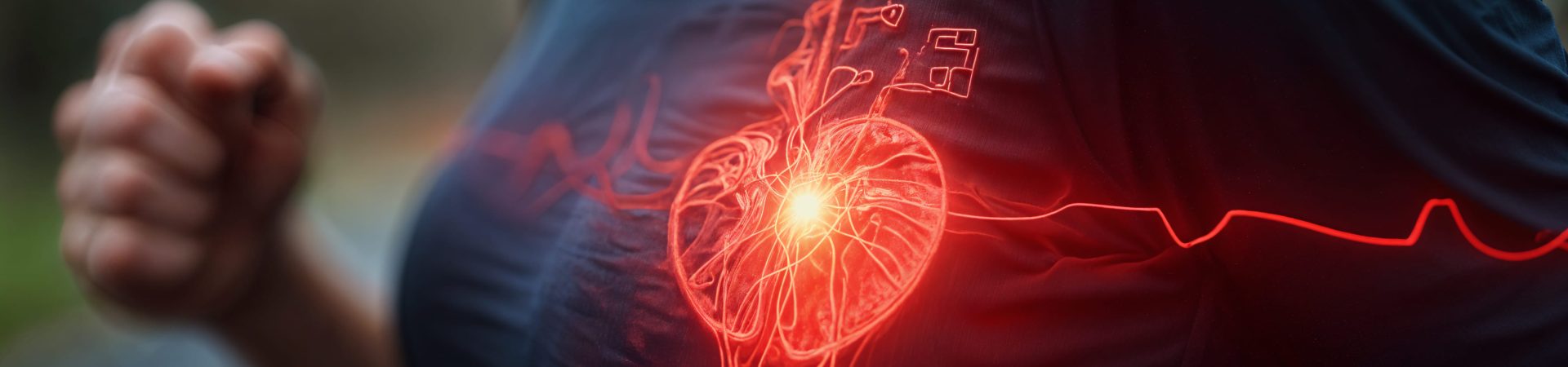 A imagem mostra uma pessoa correndo ao ar livre, com um destaque gráfico sobre o peito, representando um coração iluminado por linhas vermelhas que imitam um eletrocardiograma. A luz e as linhas simulam a energia e a atividade do coração durante o exercício, simbolizando um estilo de vida saudável e os benefícios do exercício físico para o sistema cardiovascular. A figura está em movimento, capturando a dinâmica da corrida.