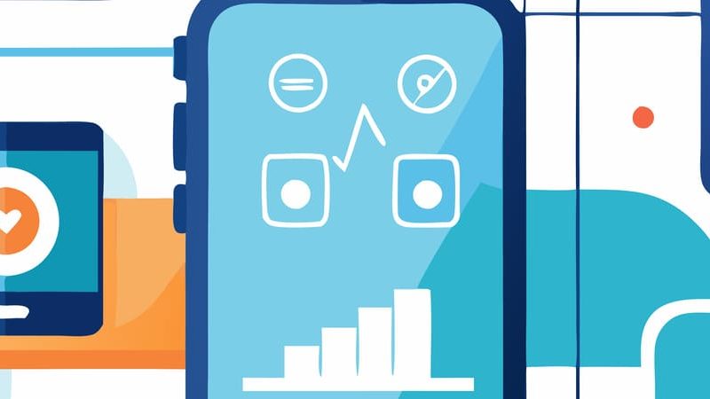 A imagem mostra uma ilustração colorida e estilizada de dispositivos móveis e interfaces de aplicativos de saúde. Elementos gráficos, como corações e gráficos de monitoramento, estão presentes, indicando o uso de tecnologia para acompanhar e gerenciar a saúde. A composição sugere uma rede de conectividade, com diferentes dispositivos interligados, simbolizando o ecossistema digital de saúde e bem-estar.