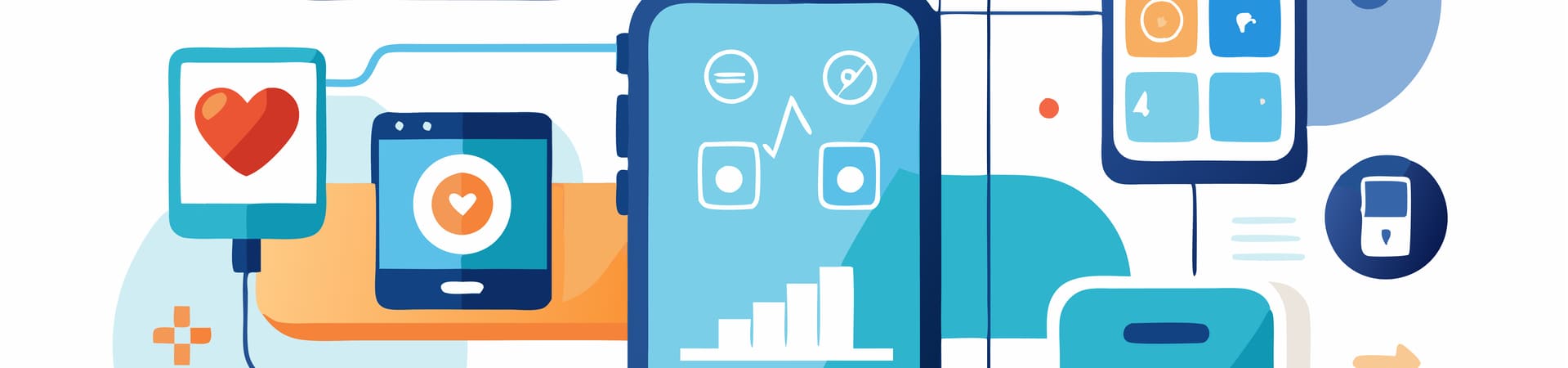 A imagem mostra uma ilustração colorida e estilizada de dispositivos móveis e interfaces de aplicativos de saúde. Elementos gráficos, como corações e gráficos de monitoramento, estão presentes, indicando o uso de tecnologia para acompanhar e gerenciar a saúde. A composição sugere uma rede de conectividade, com diferentes dispositivos interligados, simbolizando o ecossistema digital de saúde e bem-estar.