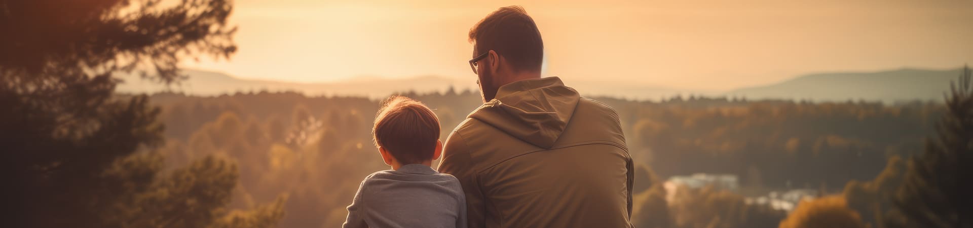 Pai e filho sentados juntos em um mirante, olhando para uma paisagem de montanhas e árvores ao pôr do sol. A imagem transmite um momento de conexão e tranquilidade.