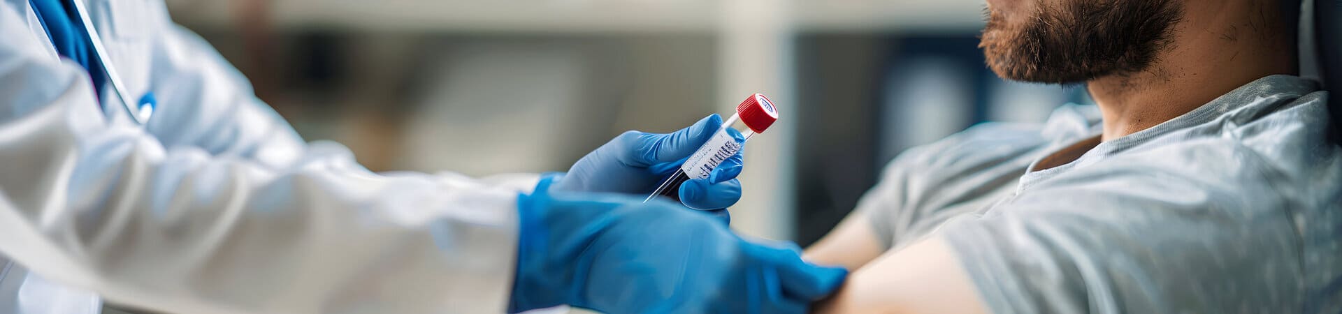 Profissional de saúde coleta amostra de sangue de um paciente usando luvas azuis e tubo de ensaio.