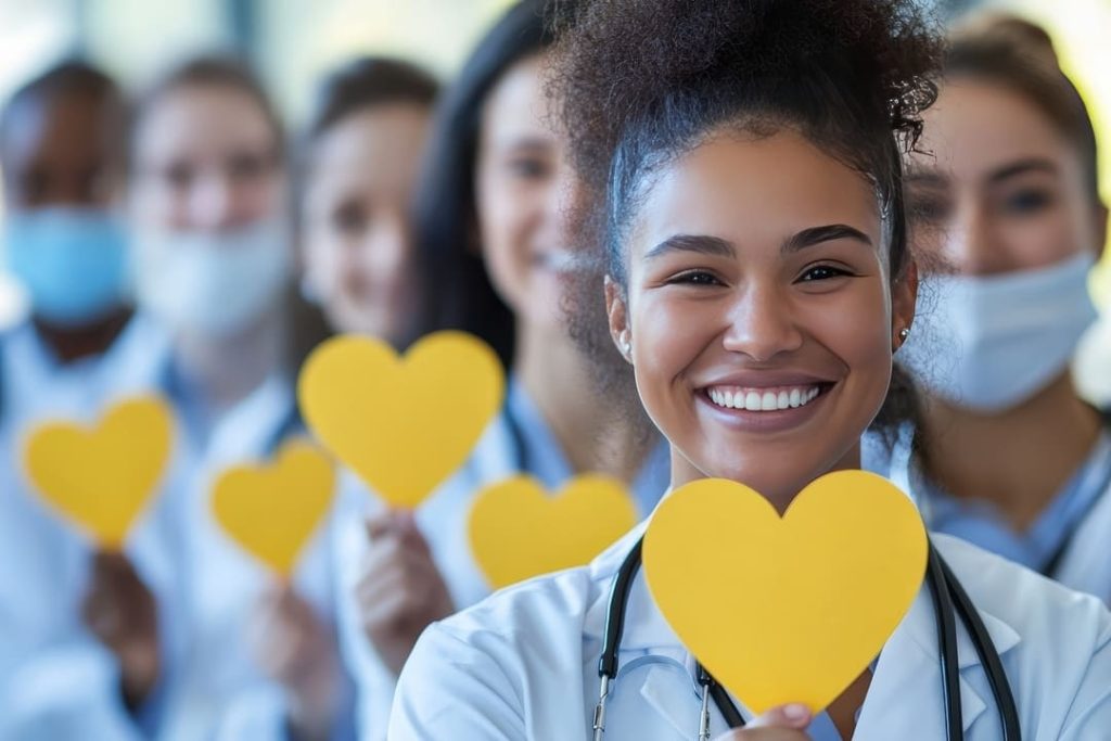 Profissionais de saúde sorriem e seguram corações amarelos, simbolizando apoio a campanhas de conscientização, como o Setembro Amarelo.