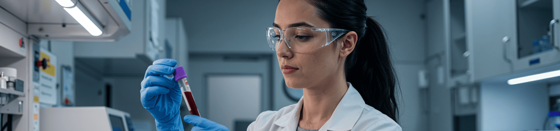 Profissional de laboratório utilizando óculos de proteção e luvas azuis, segurando um tubo de ensaio com amostra de sangue, em ambiente clínico.