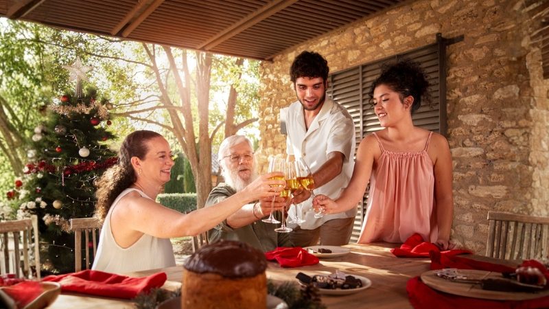 Família reunida em uma varanda decorada para o Natal, fazendo um brinde à mesa posta com alimentos típicos das festas, em um ambiente arborizado e iluminado pelo sol.