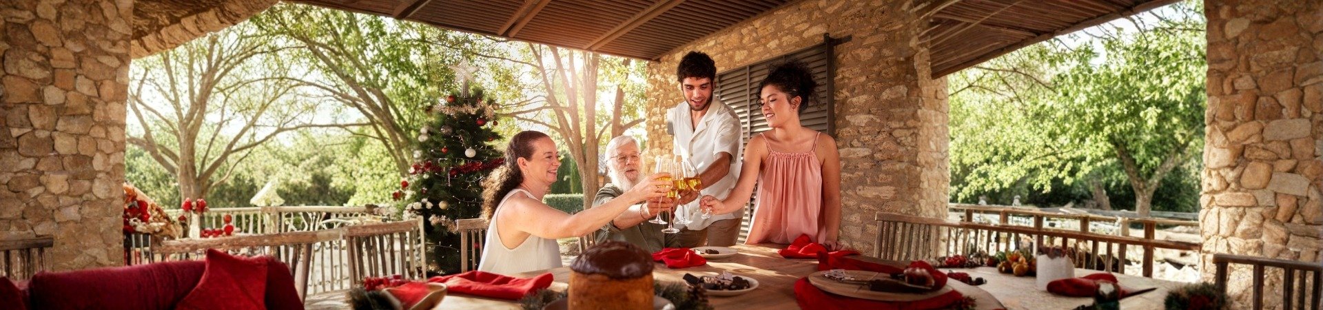 Família reunida em uma varanda decorada para o Natal, fazendo um brinde à mesa posta com alimentos típicos das festas, em um ambiente arborizado e iluminado pelo sol.