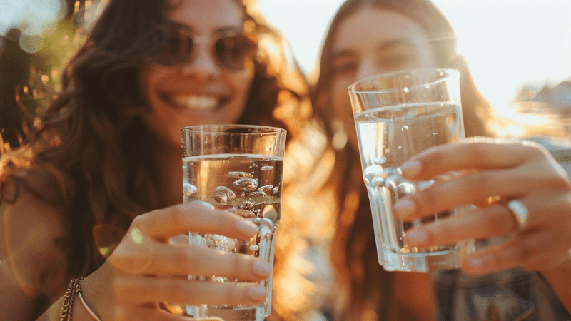Duas mulheres ao ar livre brindando com copos de água em um dia ensolarado, representando hidratação no verão.
