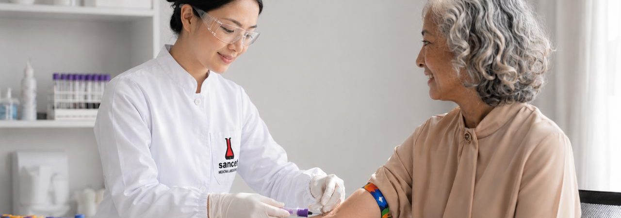 Profissional de saúde com avental branco, óculos de proteção e luvas realiza coleta de sangue em paciente idosa sorridente em ambiente clínico.