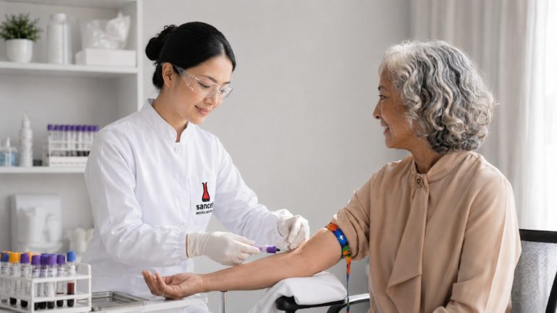 Profissional de saúde com avental branco, óculos de proteção e luvas realiza coleta de sangue em paciente idosa sorridente em ambiente clínico.