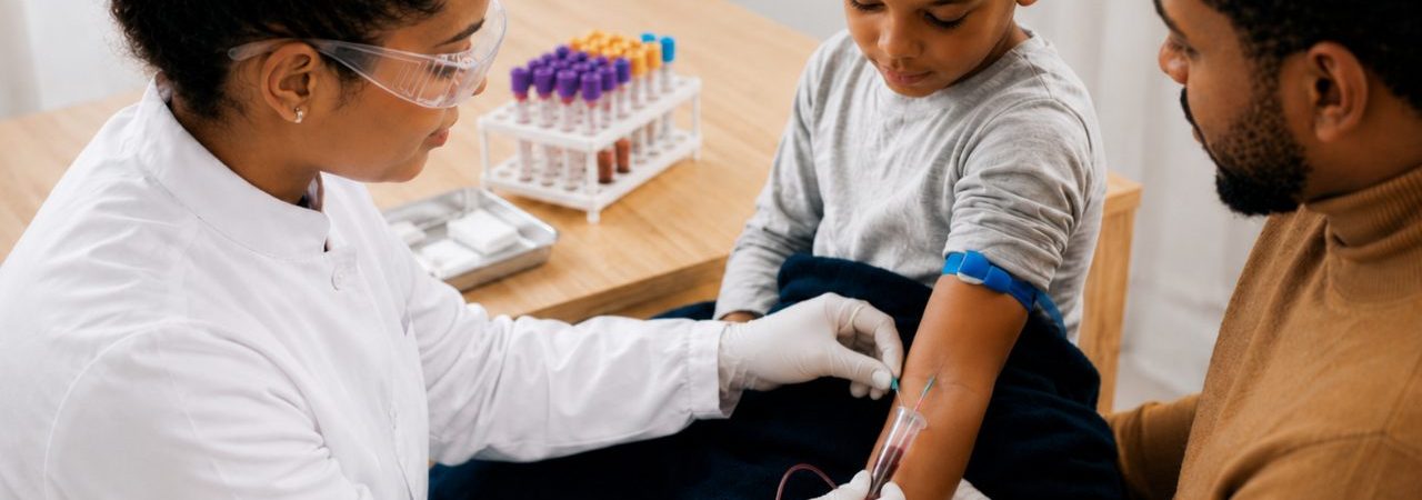 Profissional de saúde realizando coleta de sangue em uma criança durante atendimento domiciliar, com responsável acompanhando o procedimento.